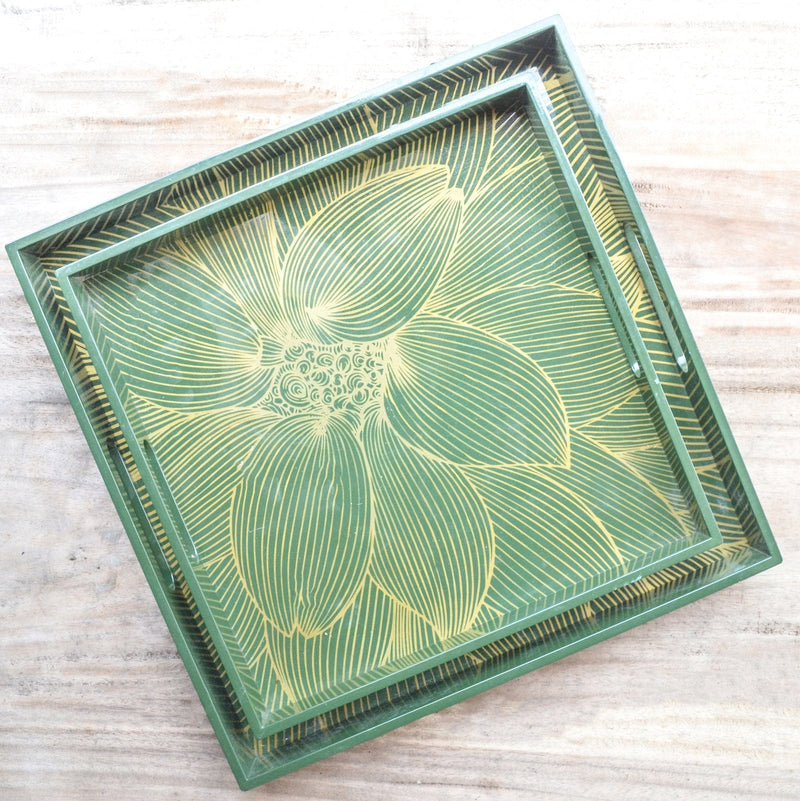 OLIVE Green Gold Floral Square Lacquer Tray (Set Of 2)