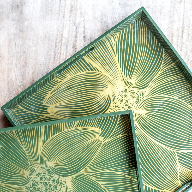 OLIVE Green Gold Floral Square Lacquer Tray (Set Of 2)