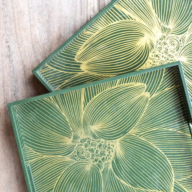 OLIVE Green Gold Floral Square Lacquer Tray (Set Of 2)