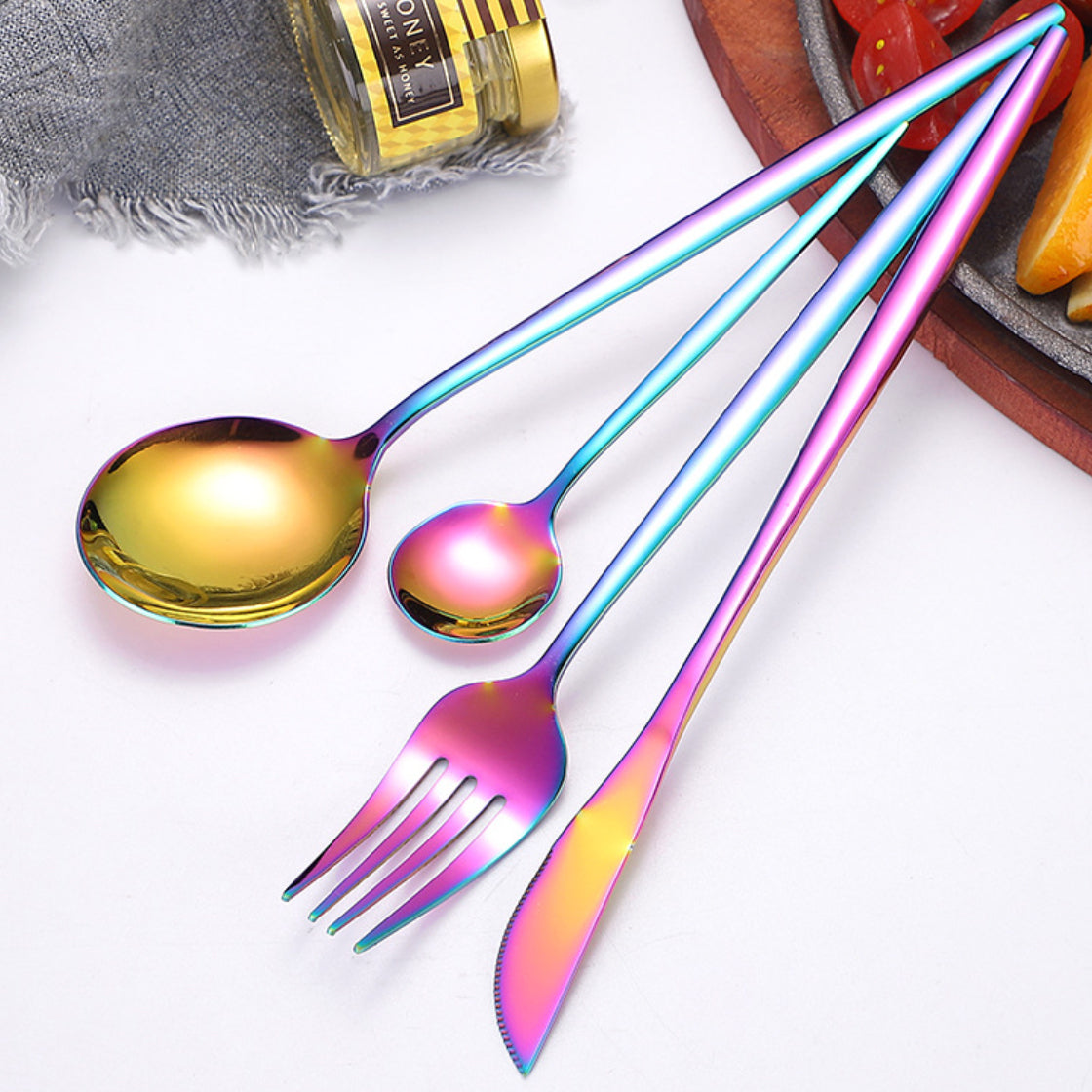 Food Cutlery Set Online - Rose Gold & Colourful Cutlery Set of 4| Nestasia