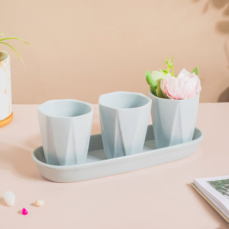 Ternion Textured Planter Set Of 3 With Plate Blue Grey - Indoor planters and flower pots | Home decor items