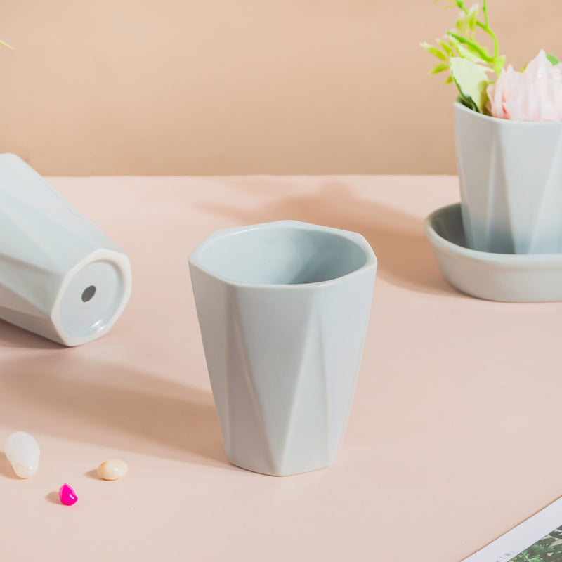 Ternion Textured Planter Set Of 3 With Plate Blue Grey - Indoor planters and flower pots | Home decor items