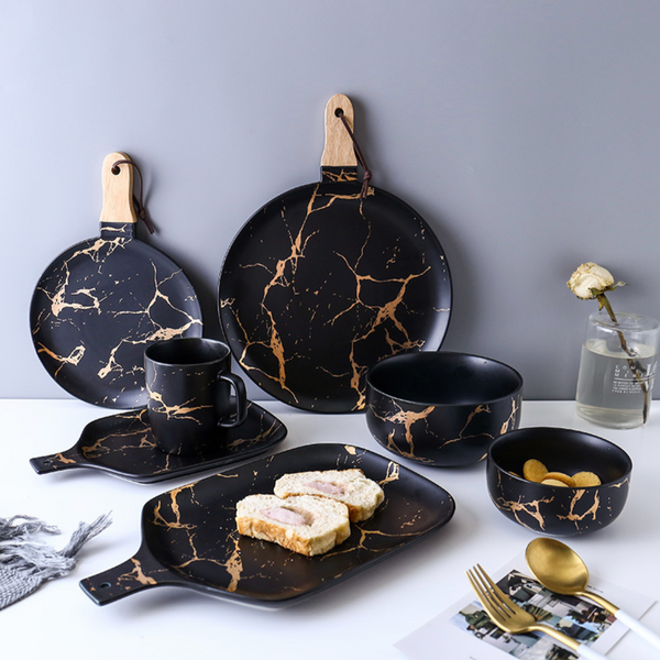 Black Marble Gold Detailed Platter With Handle - Serving plate, snack plate, ceramic dinner plates| Plates for dining table & home decor