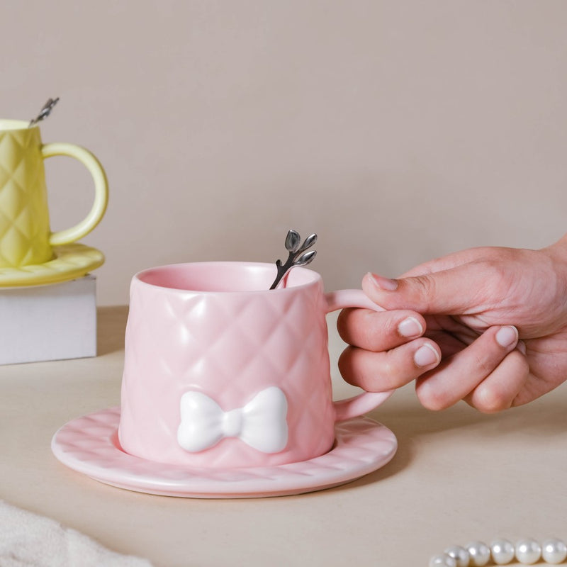 Textured Bow Cup With Plate- Tea cup, coffee cup, cup for tea | Cups and Mugs for Office Table & Home Decoration