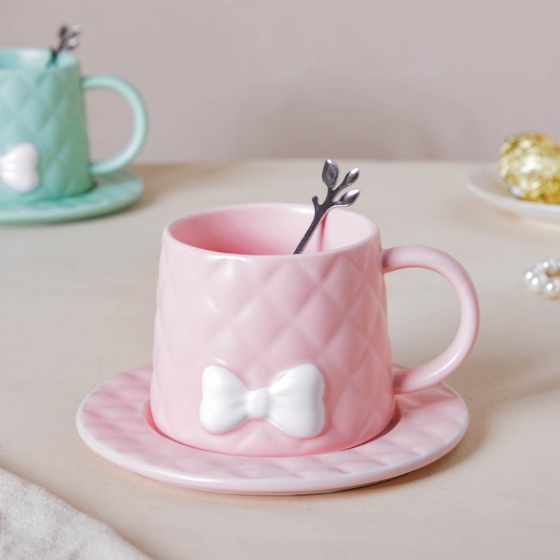 Textured Bow Cup With Plate- Tea cup, coffee cup, cup for tea | Cups and Mugs for Office Table & Home Decoration