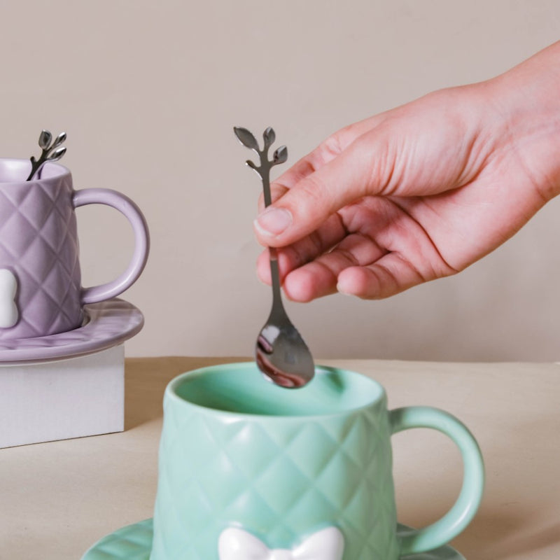 Textured Bow Cup With Plate- Tea cup, coffee cup, cup for tea | Cups and Mugs for Office Table & Home Decoration