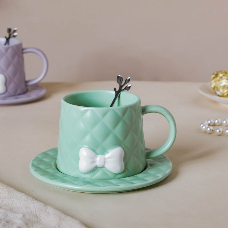 Textured Bow Cup With Plate- Tea cup, coffee cup, cup for tea | Cups and Mugs for Office Table & Home Decoration