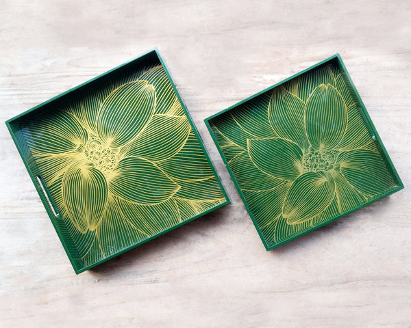 OLIVE Green Gold Floral Square Lacquer Tray (Set Of 2)