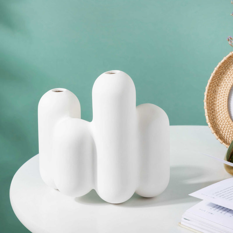 Dual Bud Ceramic Vase - Ceramic flower vase for home decor, office and gifting | Room decoration items