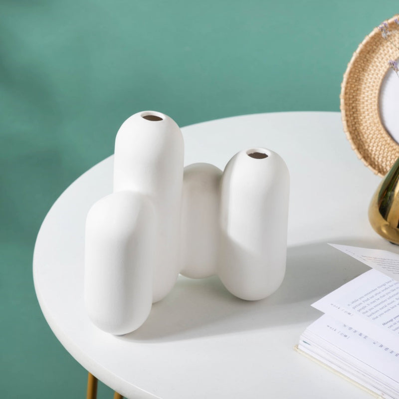 Dual Bud Ceramic Vase - Ceramic flower vase for home decor, office and gifting | Room decoration items