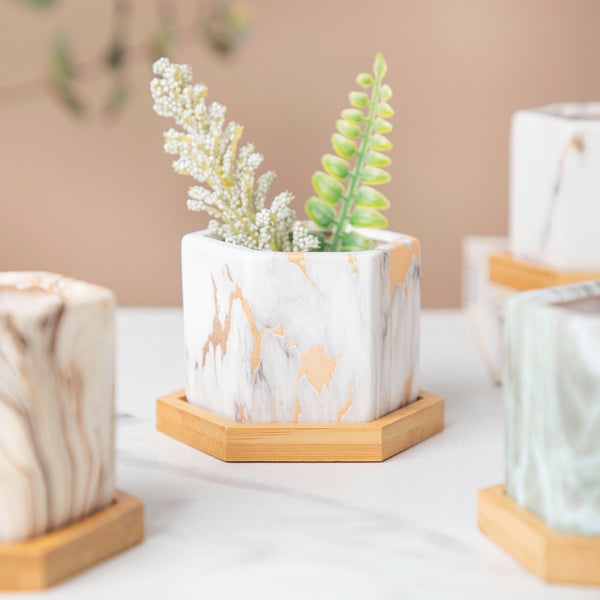 Decorative Marble Patterned Planter With Coaster Set of 4 - Indoor planters and flower pots | Home decor items