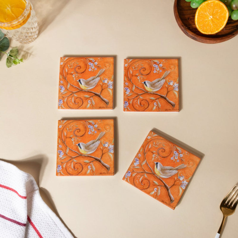 Tufted Bird Ceramic And Cork Coster Set Of 4