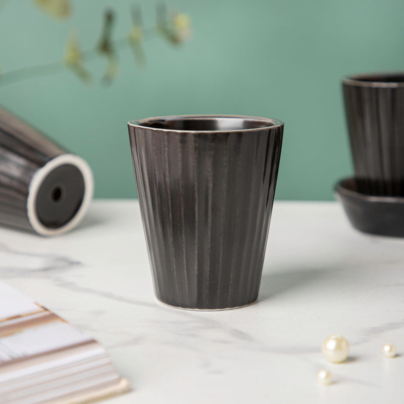 Ternion Ribbed Planter Set Of 3 Black With Plate - Indoor planters and flower pots | Home decor items