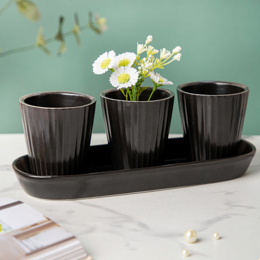 Ternion Ribbed Planter Set Of 3 Black With Plate - Indoor planters and flower pots | Home decor items