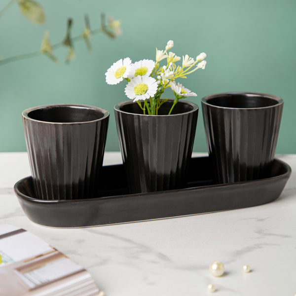 Ternion Ribbed Planter Set Of 3 Black With Plate - Indoor planters and flower pots | Home decor items