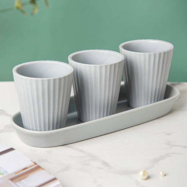 Ternion Ribbed Planter Set Of 3 With Plate Grey - Indoor planters and flower pots | Home decor items