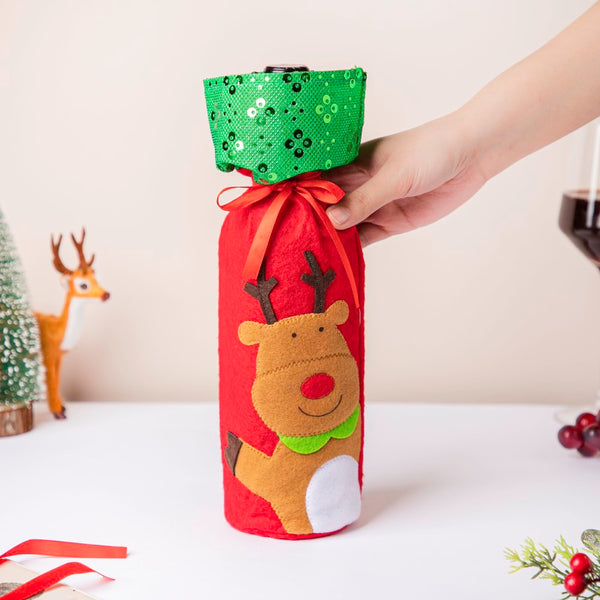 Reindeer Christmas Gift Bag For Wine Red