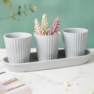 Ternion Ribbed Planter Set Of 3 With Plate Grey