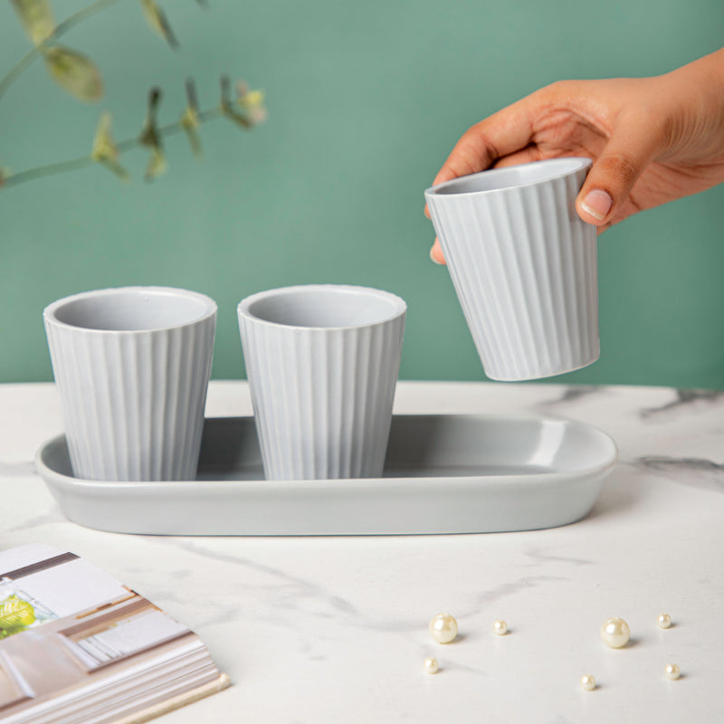 Ternion Ribbed Planter Set Of 3 With Plate Grey - Indoor planters and flower pots | Home decor items