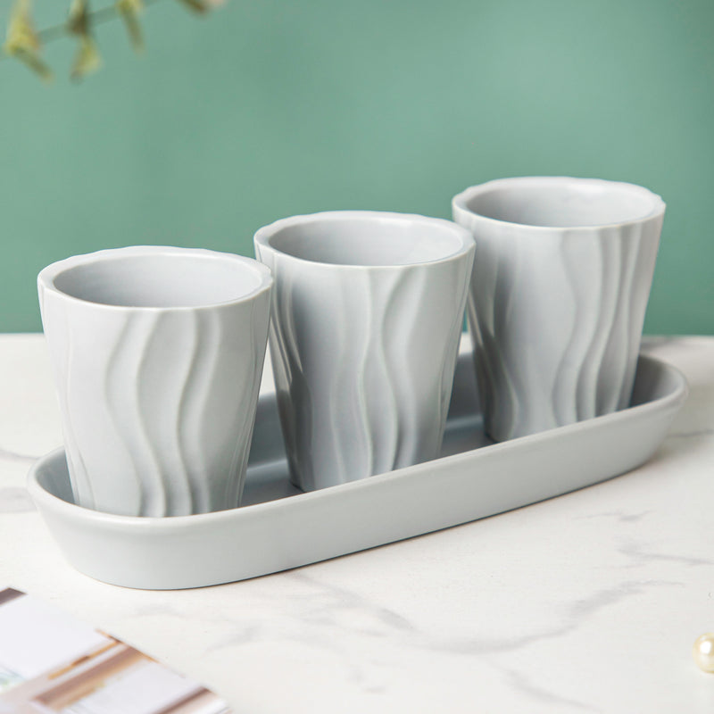 Ternion Wavy Textured Planter Set Of 3 With Plate Grey - Indoor planters and flower pots | Home decor items