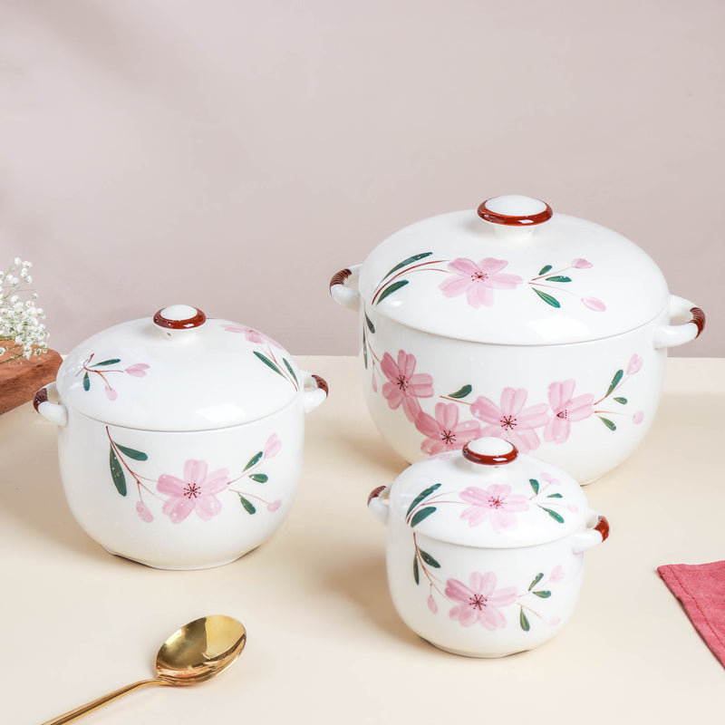 Sakura White Soup Pot Small - Serving bowl with lid, ceramic bowls with lids, noodle bowl, oven bowl, soup bowl with handle | Bowls for dining table & home decor