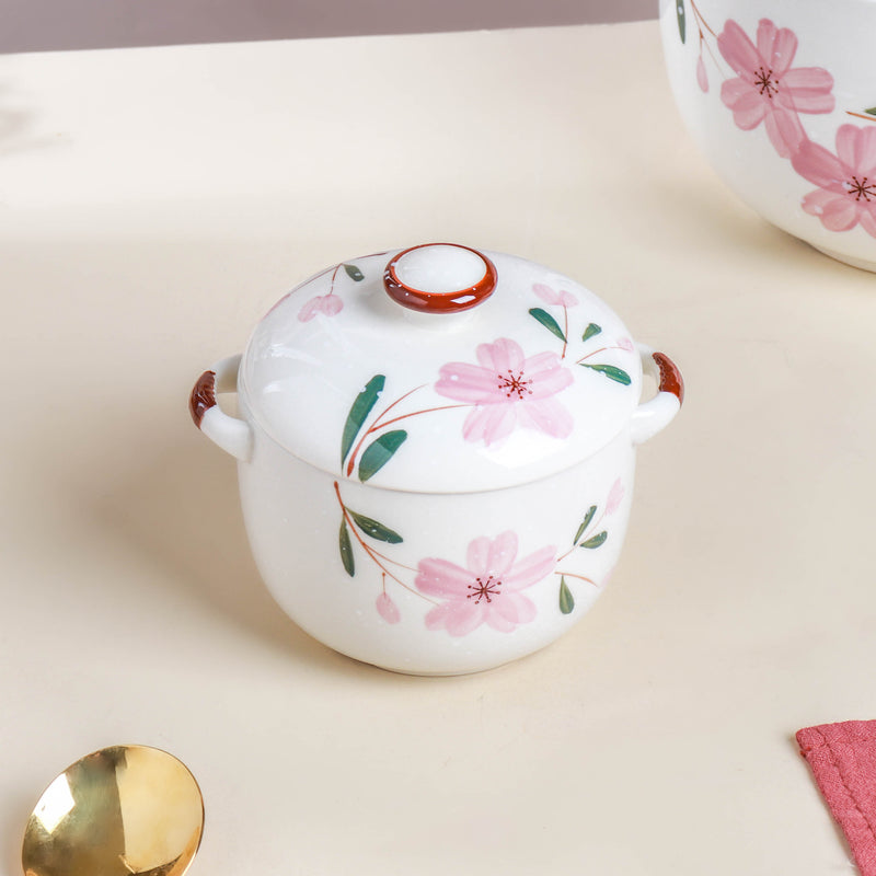 Sakura White Soup Pot Small - Serving bowl with lid, ceramic bowls with lids, noodle bowl, oven bowl, soup bowl with handle | Bowls for dining table & home decor