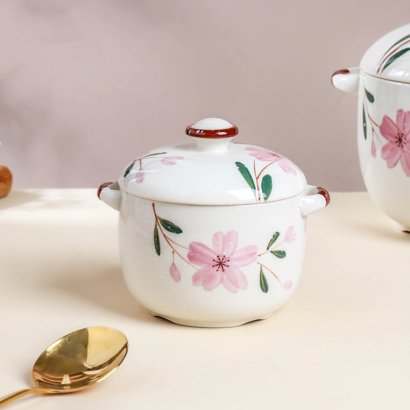 Sakura White Soup Pot Small - Serving bowl with lid, ceramic bowls with lids, noodle bowl, oven bowl, soup bowl with handle | Bowls for dining table & home decor