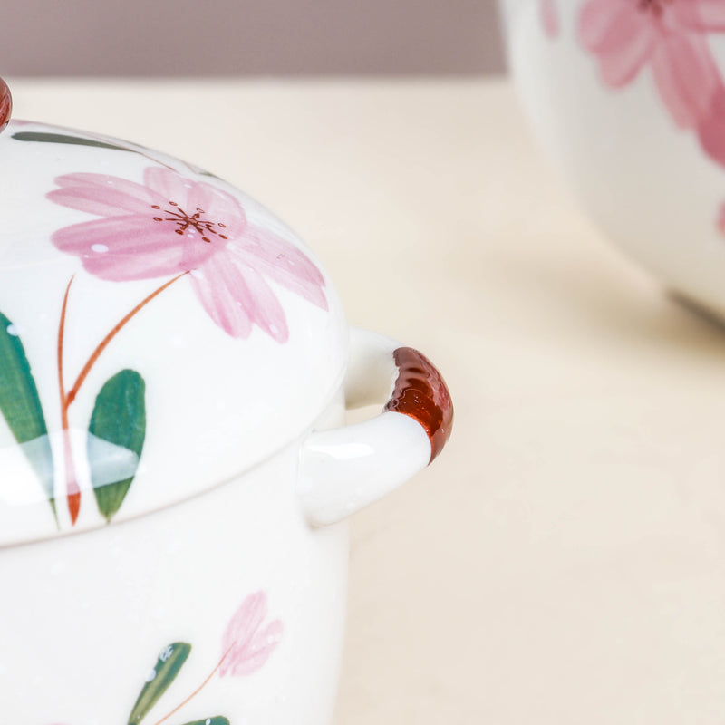 Sakura White Soup Pot Small - Serving bowl with lid, ceramic bowls with lids, noodle bowl, oven bowl, soup bowl with handle | Bowls for dining table & home decor