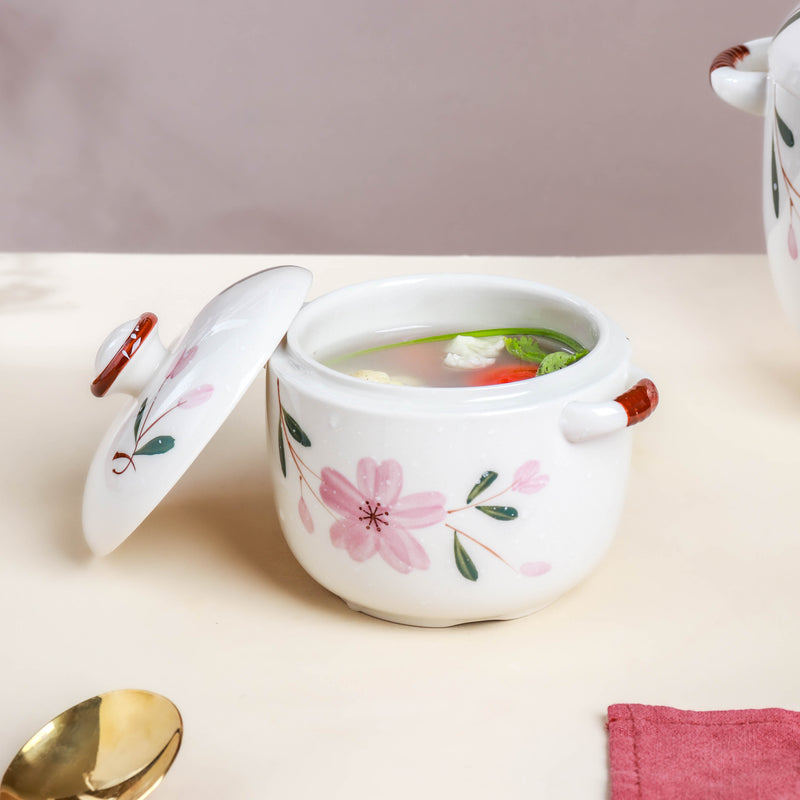 Sakura White Soup Pot Small - Serving bowl with lid, ceramic bowls with lids, noodle bowl, oven bowl, soup bowl with handle | Bowls for dining table & home decor