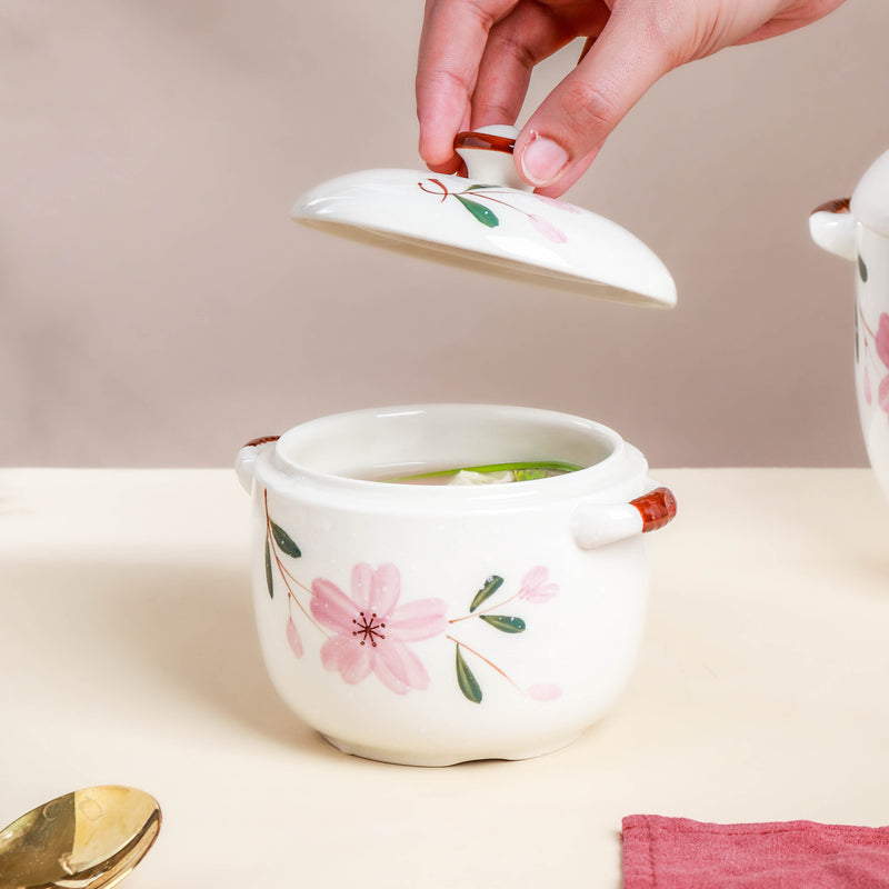 Sakura White Soup Pot Small - Serving bowl with lid, ceramic bowls with lids, noodle bowl, oven bowl, soup bowl with handle | Bowls for dining table & home decor