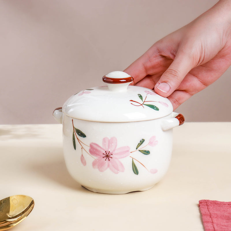 Sakura White Soup Pot Small - Serving bowl with lid, ceramic bowls with lids, noodle bowl, oven bowl, soup bowl with handle | Bowls for dining table & home decor