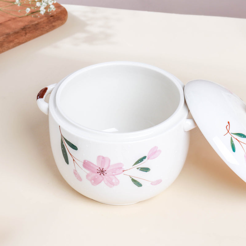 Sakura White Casserole Pot Medium - Serving bowl with lid, ceramic bowls with lids, noodle bowl, oven bowl, bowl with handle | Bowls for dining table & home decor