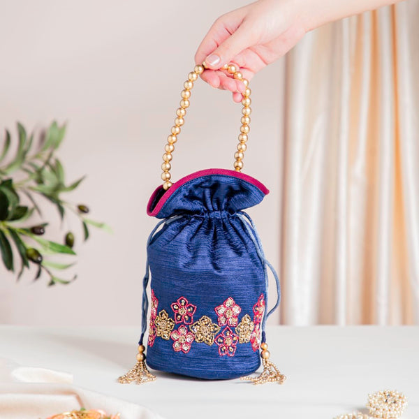 Sama Floral Potli Bag Dark Blue