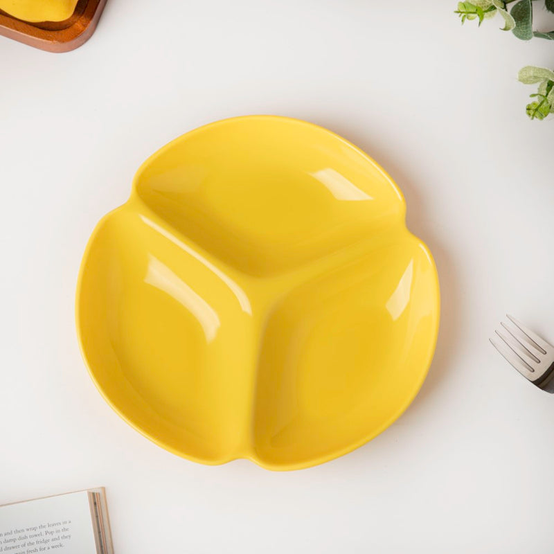 Ceramic Round Section Plate Yellow - Serving plate, snack plate, momo plate, plate with compartment | Plates for dining table & home decor