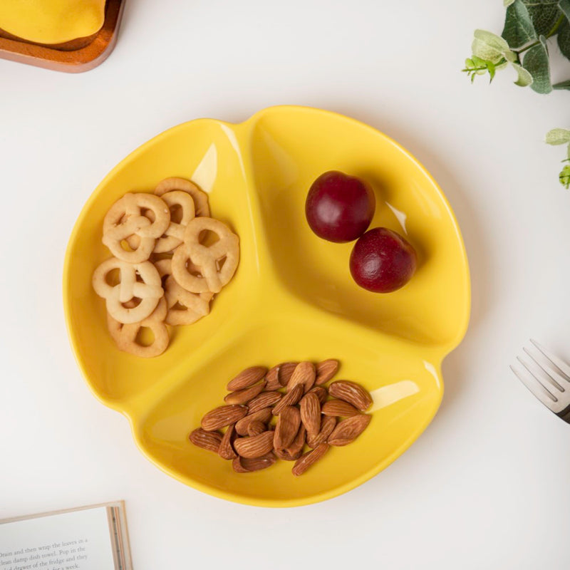 Ceramic Round Section Plate Yellow - Serving plate, snack plate, momo plate, plate with compartment | Plates for dining table & home decor