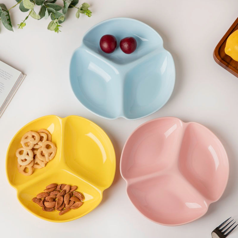 Ceramic Round Section Plate Yellow - Serving plate, snack plate, momo plate, plate with compartment | Plates for dining table & home decor