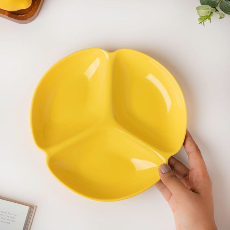 Ceramic Round Section Plate Yellow - Serving plate, snack plate, momo plate, plate with compartment | Plates for dining table & home decor