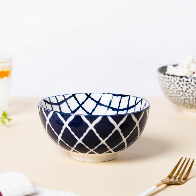 Shibori Chequered Soup Bowl 400ml Set Of 2 - Bowl,ceramic bowl, snack bowls, curry bowl, popcorn bowls | Bowls for dining table & home decor