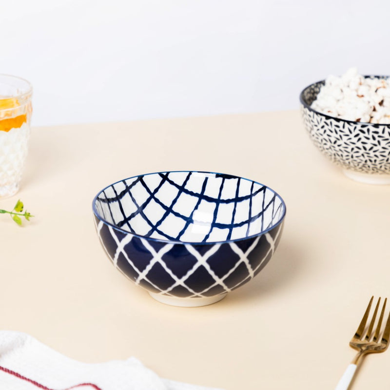 Shibori Chequered Soup Bowl 400ml Set Of 2 - Bowl,ceramic bowl, snack bowls, curry bowl, popcorn bowls | Bowls for dining table & home decor