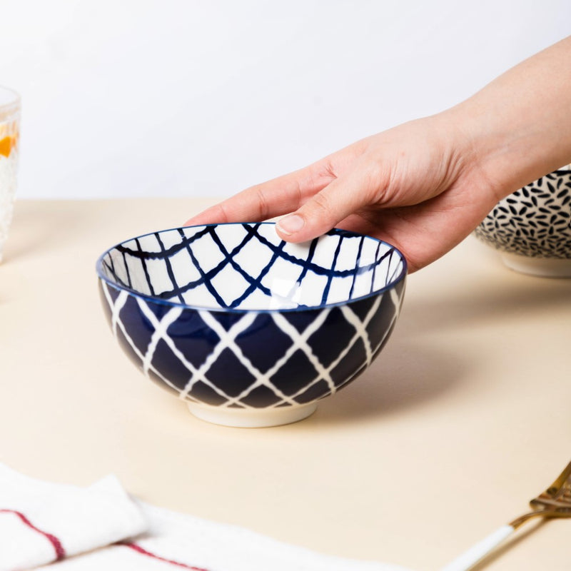 Shibori Chequered Soup Bowl 400ml Set Of 2 - Bowl,ceramic bowl, snack bowls, curry bowl, popcorn bowls | Bowls for dining table & home decor