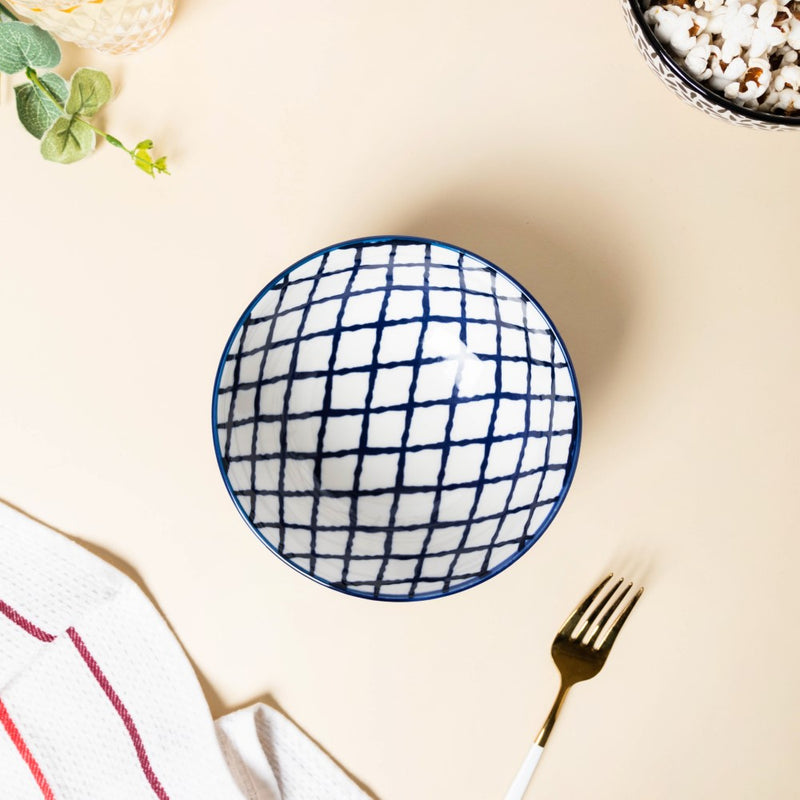 Shibori Chequered Soup Bowl 400ml Set Of 2 - Bowl,ceramic bowl, snack bowls, curry bowl, popcorn bowls | Bowls for dining table & home decor