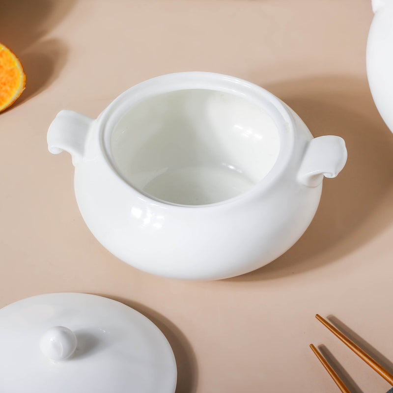 Serena Pearly White Serving Bowl With Lid Small 1 L - Serving bowl with lid, ceramic bowls with lids, noodle bowl, oven bowl, soup bowl with handle | Bowls for dining table & home decor