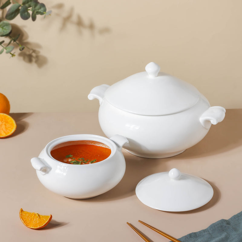 Serena Pearly White Serving Bowl With Lid Small 1 L - Serving bowl with lid, ceramic bowls with lids, noodle bowl, oven bowl, soup bowl with handle | Bowls for dining table & home decor