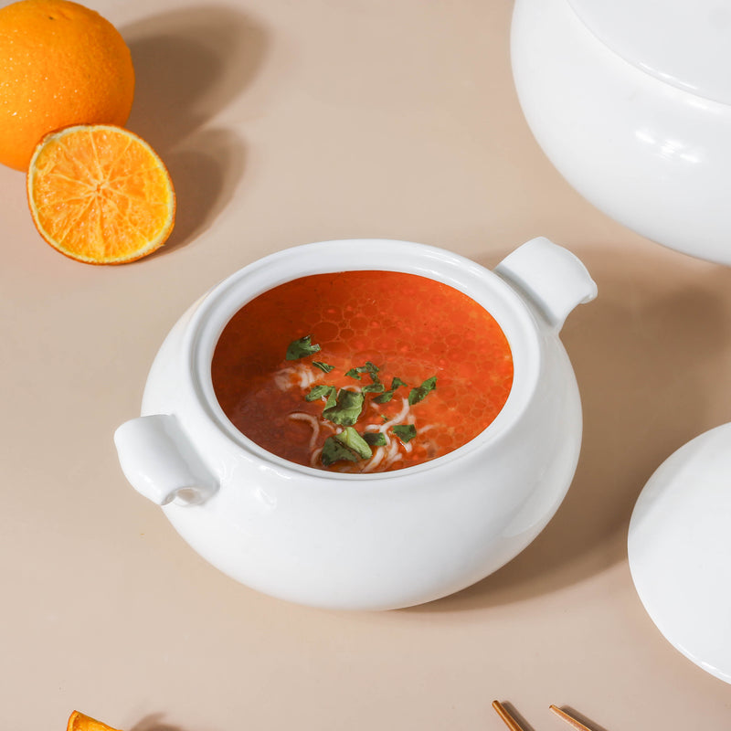 Serena Pearly White Serving Bowl With Lid Small 1 L - Serving bowl with lid, ceramic bowls with lids, noodle bowl, oven bowl, soup bowl with handle | Bowls for dining table & home decor