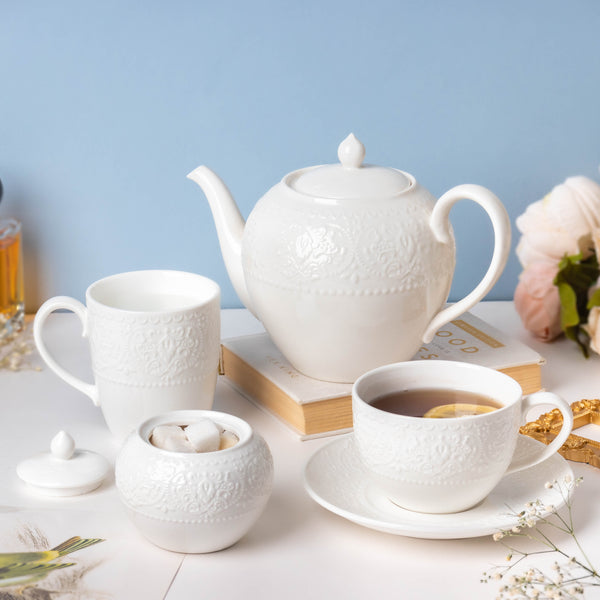Serena White Truffle Floral Textured Teapot 1000 ml - Teapot, tea kettle, ceramic teapot | Teapot for Dining table & Home decor
