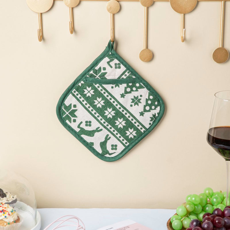 Festive Patterned Christmas Oven Mitts Green