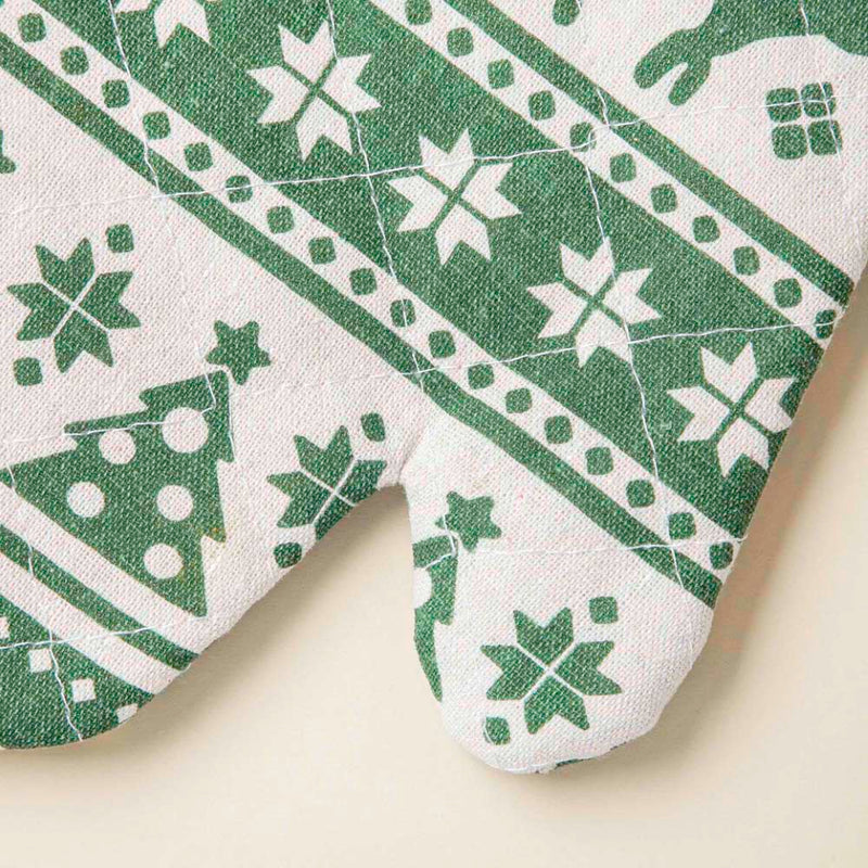 Festive Patterned Christmas Oven Mitt And Mat Green