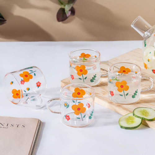 Florid Glass Cups Set of 4- Tea cup, coffee cup, cup for tea | Cups and Mugs for Office Table & Home Decoration
