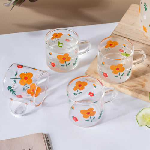 Florid Glass Cups Set of 4- Tea cup, coffee cup, cup for tea | Cups and Mugs for Office Table & Home Decoration