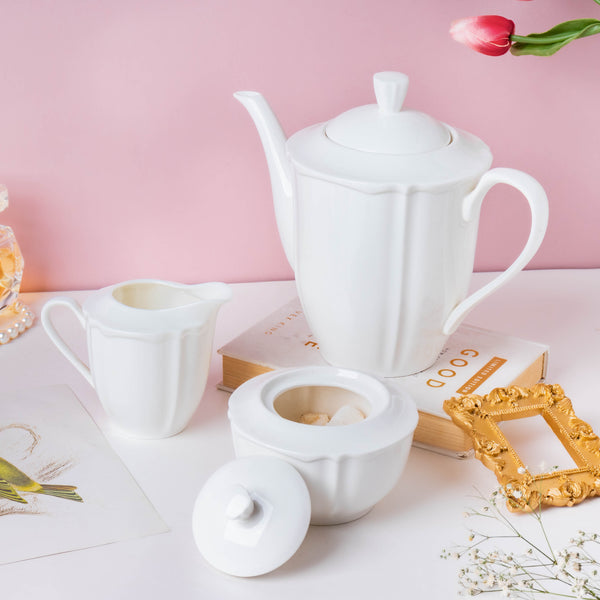 Serena White Truffle Elegant Ribbed Teapot 1300 ml - Teapot, tea kettle, ceramic teapot | Teapot for Dining table & Home decor